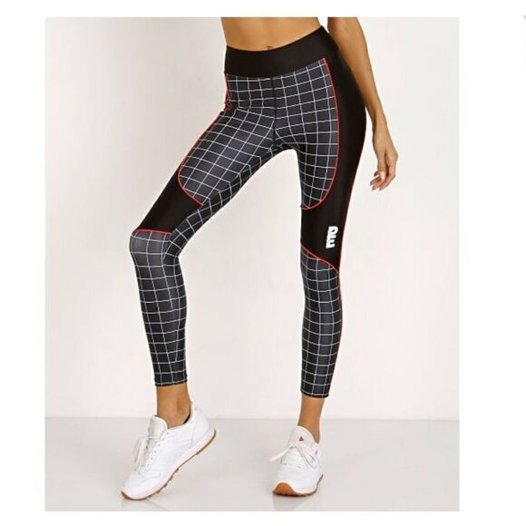P.E Nation The Hammer Throw Legging Black/White Graph Paper Print Orange Piping - Picture 1 of 12